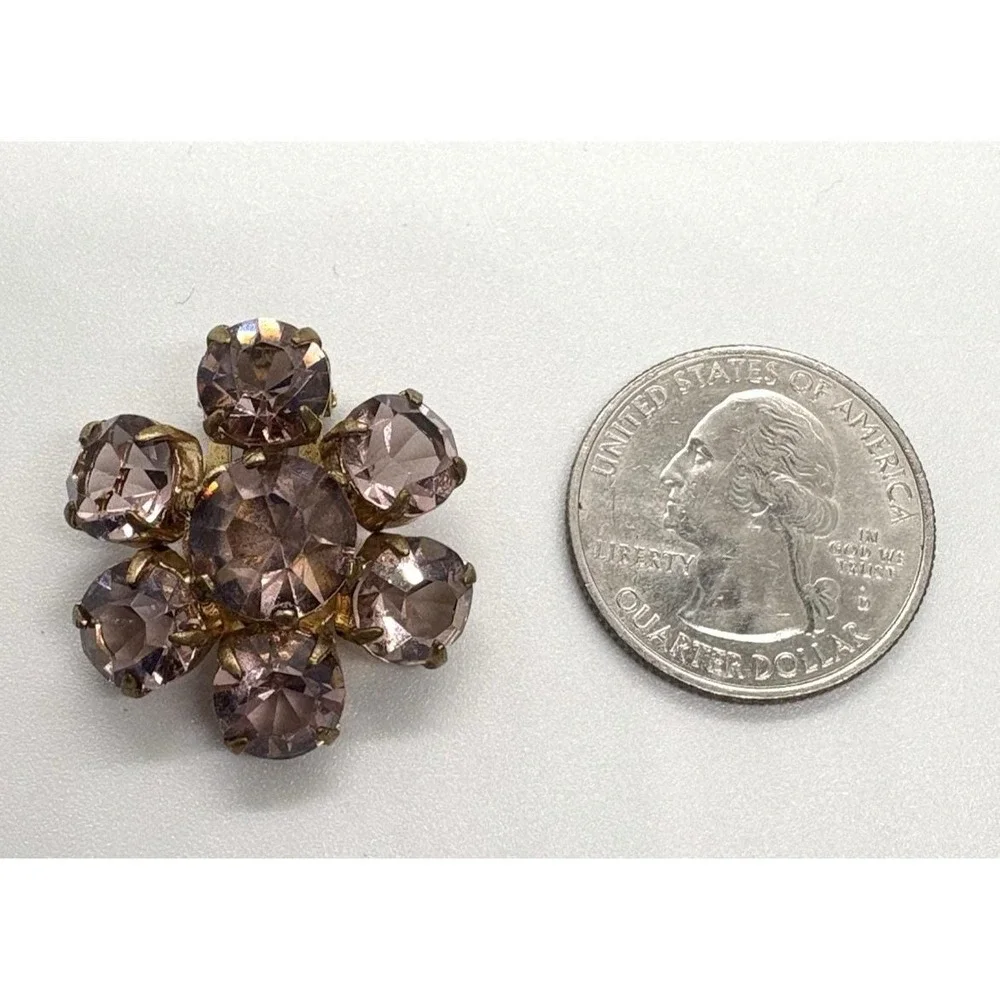 Vintage‎ Flower Floral Gold Tone Pink Purple Rhinestone Clip On Earrings 60s 70s